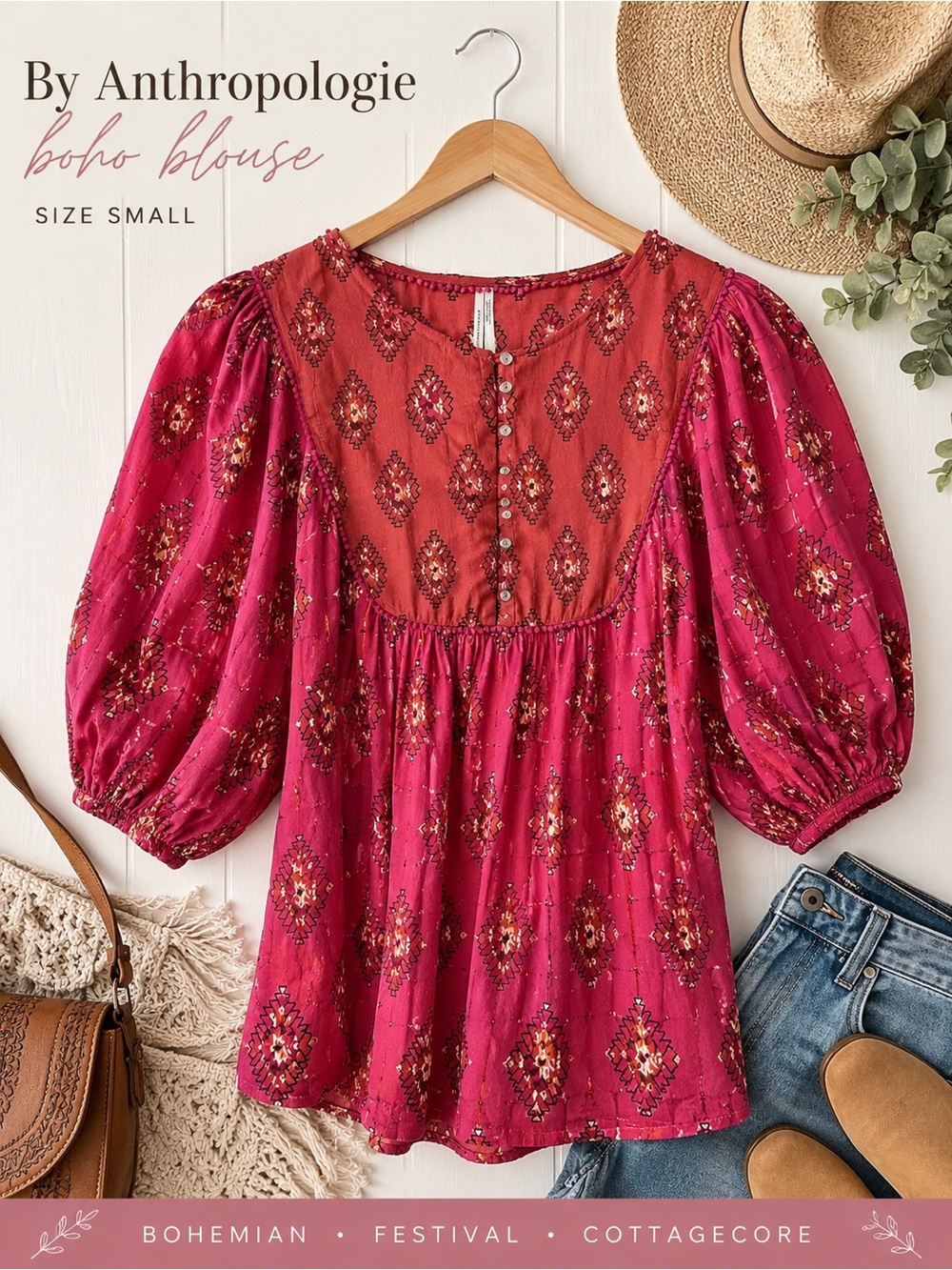 Anthropologie Magenta Bohemian Embroidered Puff-Sleeve Blouse